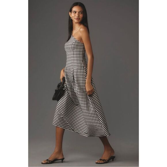 NEW By Anthropologie Black & White One-Shoulder Drop Waist Gingham Dress Small - Picture 3 of 7